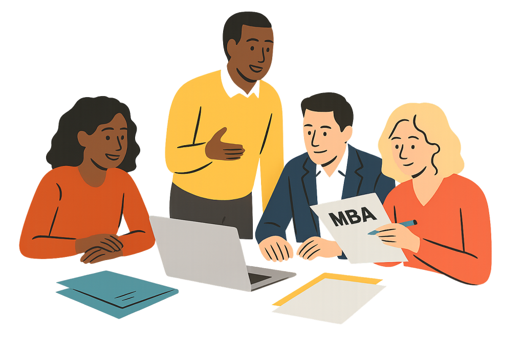 MBA essay editors collaborating with applicants at a table with laptop and documents